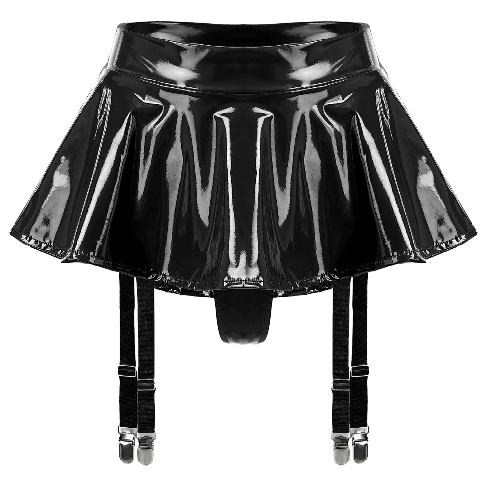 Lingerie Sexy Set Women Wetlook Patent Leather Wire-free Open Cup Sexy Bra with Ruffle Built-in Thongs Garter Belt Mini Skirts