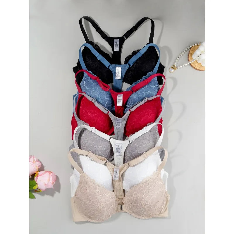 Lightly padded, underwired lace push-up bra with front closure and beautiful back design