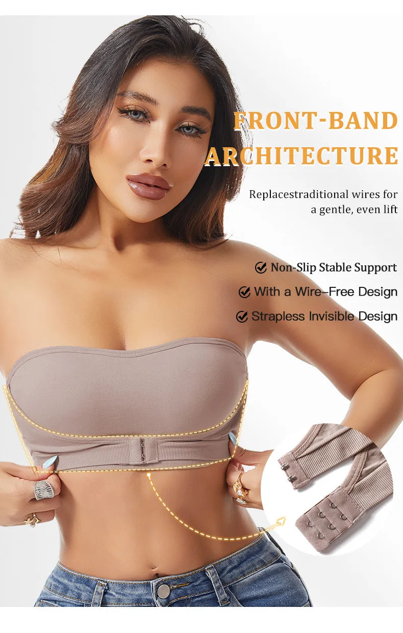 Daily Strapless and Wireless Women's Front Button Bra, Seamless Chest pad Comfortable Push-up Trendy Solid Color Lingerie