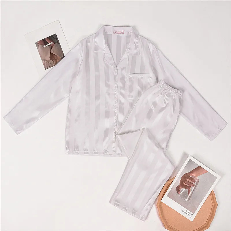 Women's striped pajama set, solid French silk satin pajamas, two piece set, comfortable home pajamas