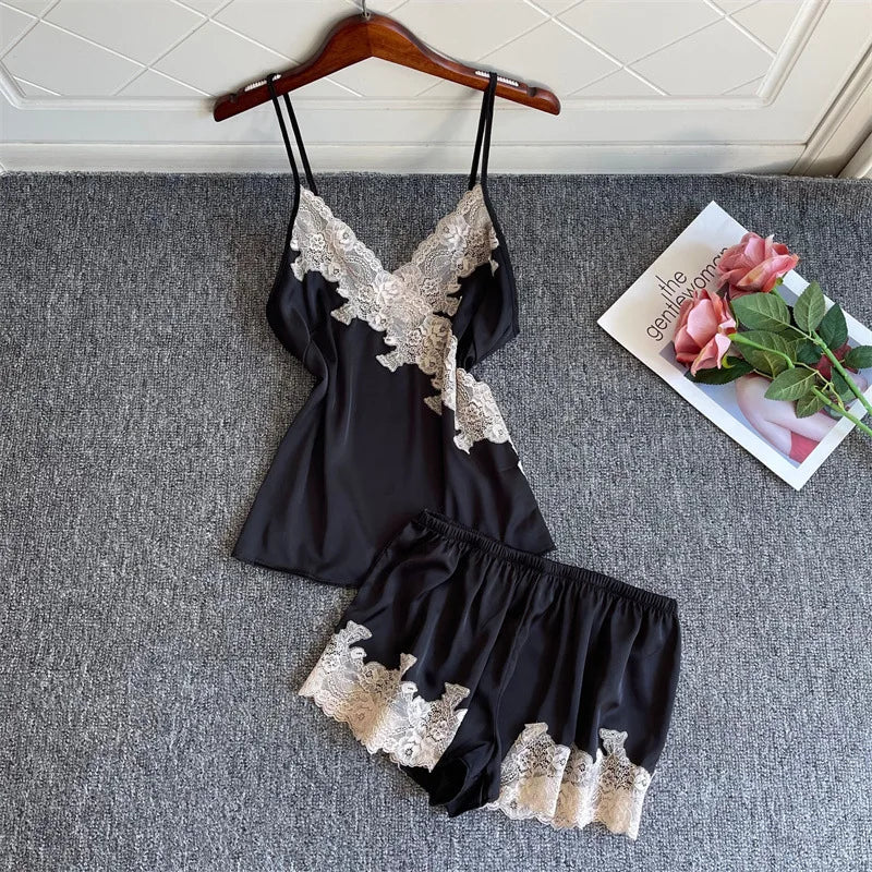 Lace Sleepwear Satin Cami&Shorts Suit Women 2 Pieces Sleep Set Sexy Deep V-Neck Nightwear Thin Home Clothes Lounge Lingerie