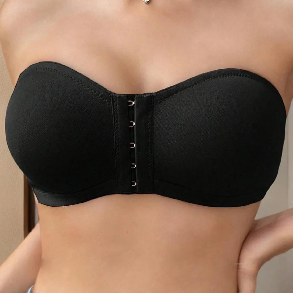 Women's Strapless Front Closure Push Up Unlined Bra Non-Slip Bandeau Brassiere Seamless Wireless Tube Top No Show Bralette