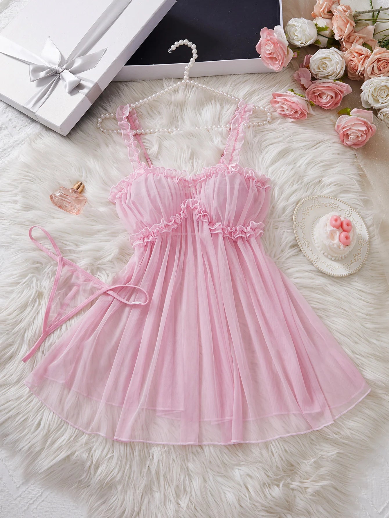 Sexy Babydoll Dress Women Lingerie See-through Sling Wedding Nightdress And T-back Set Elegant Cute Sleepwear For Date Surprise