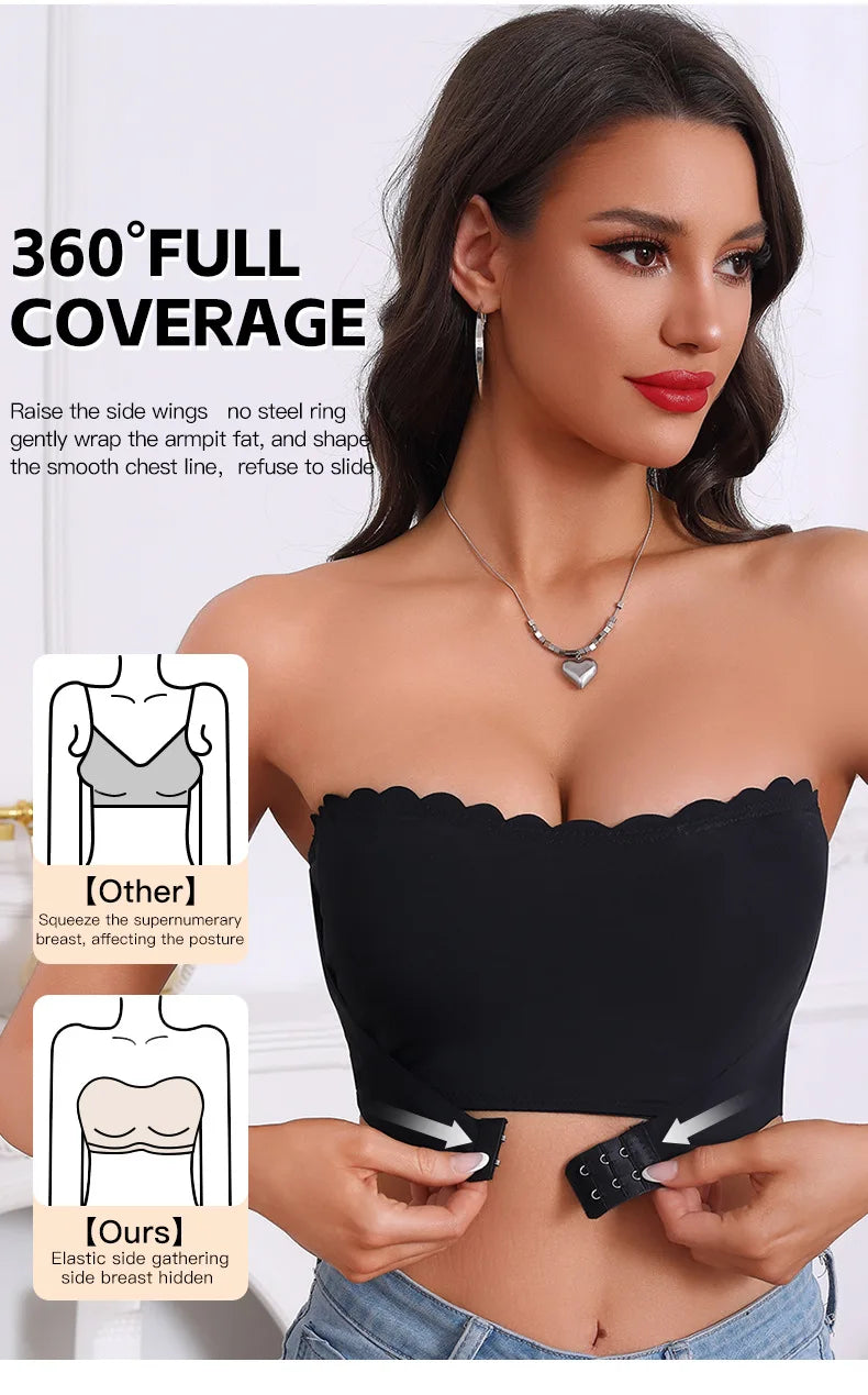 Women's Strapless Front Closure Bra Wireless Bandeau Non-slip Underwear Wavy Edge Chest Wraps Padded Push Up Tube Top Bralette