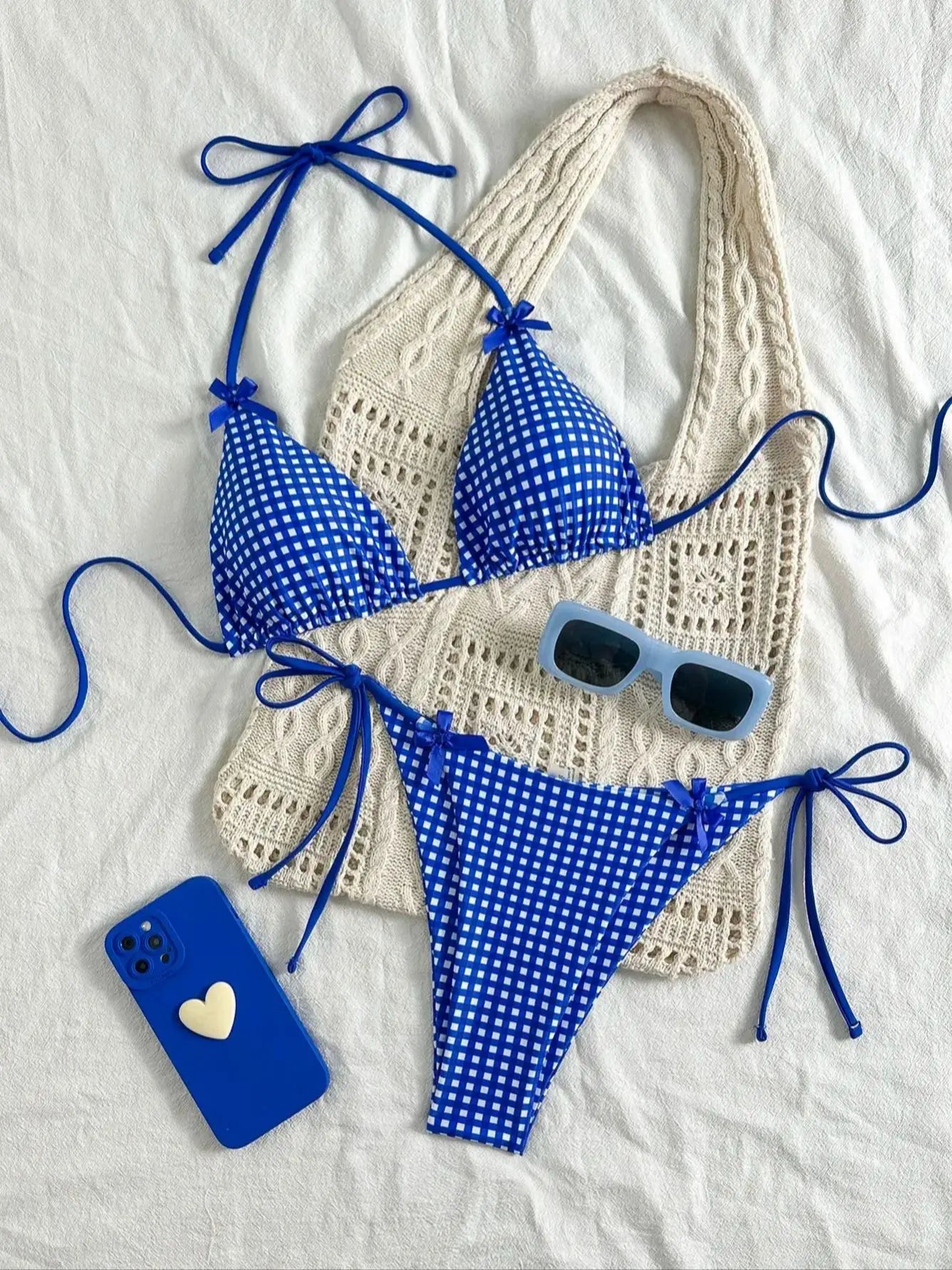 Women's Bikini Set, Ins-Style Picnic Mat Blue and White Plaid Two-Piece Swimsuit, Popular Bowknot Design, Sexy Halter Neck Tie-Up Triangle Top and Tie-Up Triangle Bottoms