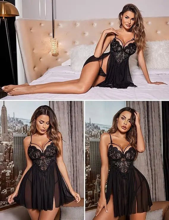 Sexy Lingerie for Women Lace Babydoll Strap Nightgown V Neck Sleepwear Mesh Side Slit Nighty