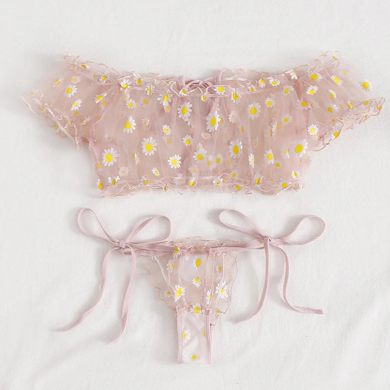 Sexy Summer Women's Underwear Seductive Floral Dreamy Lingerie Off-Shoulder Seduce Bralette Tops Panties Transparent Erotic Set