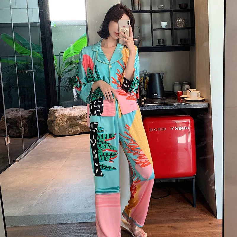 Satin Pajamas Set Spring Summer Home Suit with Pant Women's Print Pijama Suit Silk Pijama Set Sleepwear for Female Pyjamas