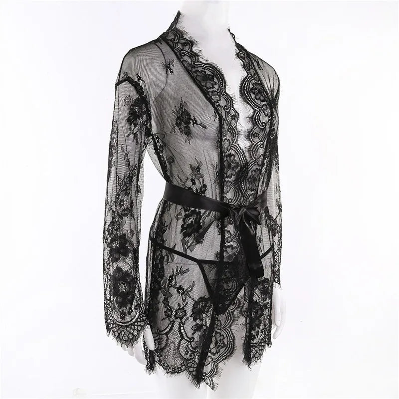 Porno Women Sexy Lingerie Dress Transparent V-Neck Nightwear Lace Babydoll Erotic Sleepwear Robe G-string Sex Costume