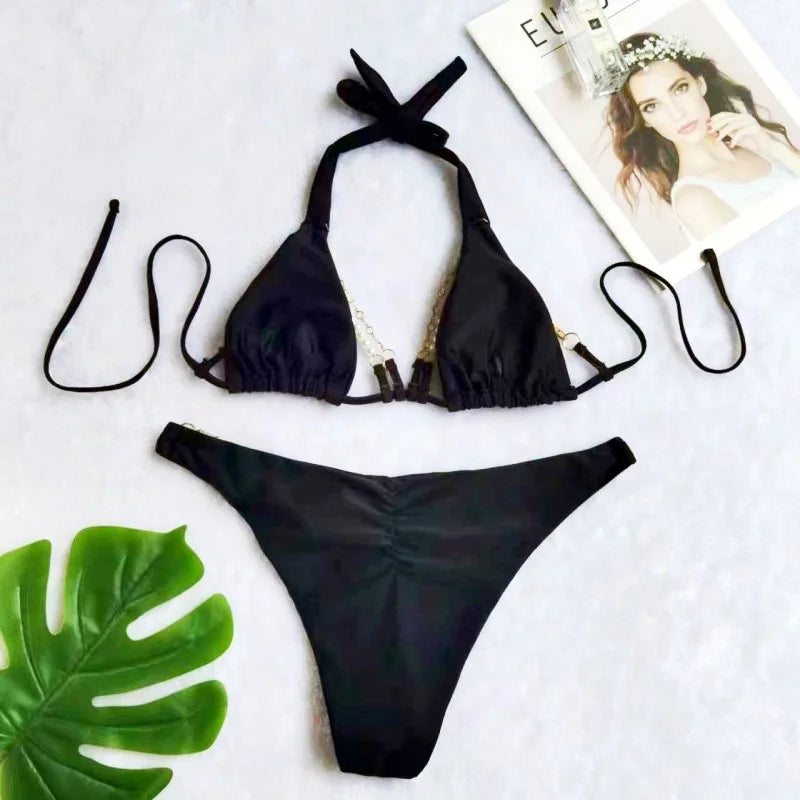 Bikini swimsuit with separate metal cover-up, women's halter neck backless swimwear made of highly elastic fabric
