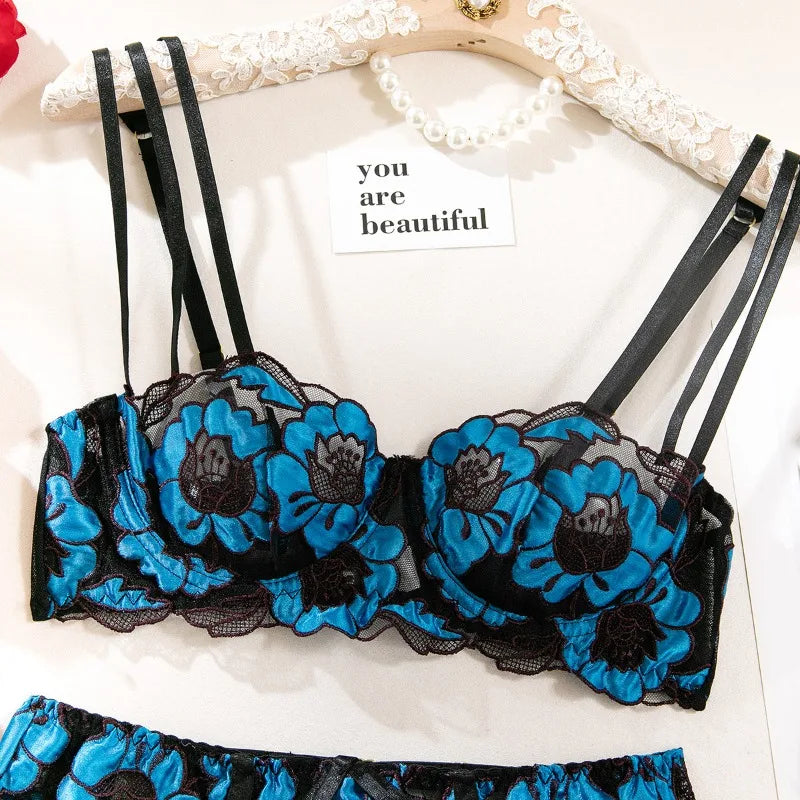 Sissy Sexy Lingerie Sets Exquisite Floral Embroidery 3 Pieces Set Beautiful Erotic Underwear Sheer Mesh Bra Panties Garters Belt