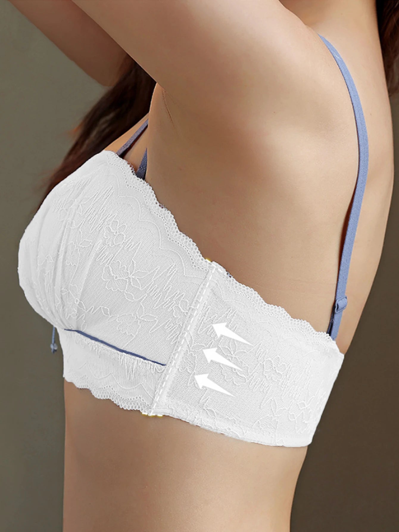 Raised side cinched lace shoulder strap with palm cup gathered back plastic bra