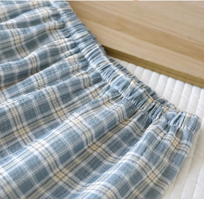 Men's 2-Piece Pajama Set - Japanese Plaid Sleepwear, Cotton Gauze Short Sleeve & Shorts, Lightweight & Breathable Relaxed Fit, S