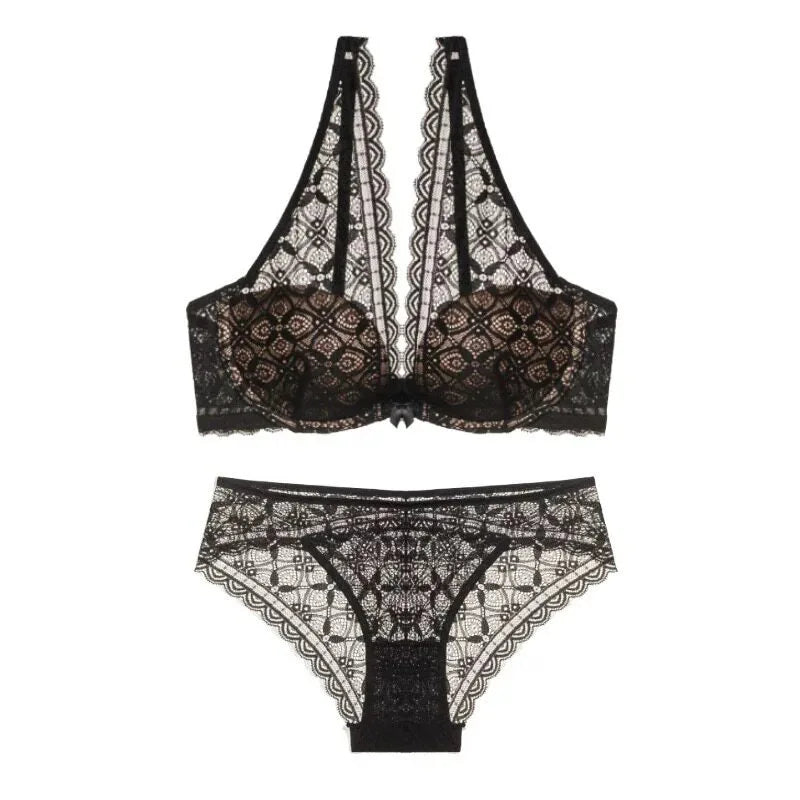 Sexy Lace Lingerie Set Deep V Plunge Bra Wireless Comfort Bralette Matching Bra Panty Set Women