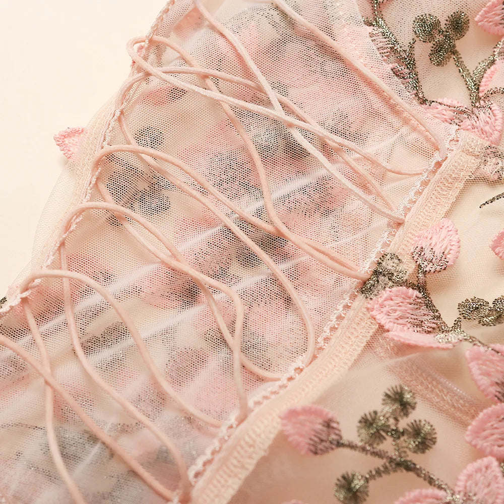 Bandage Floral Embroidery Bodysuit Women Lace Up Bandage Bodies Sexy Sleeveless Bodycon Transparent Lingerie Mesh Bodysuits Top