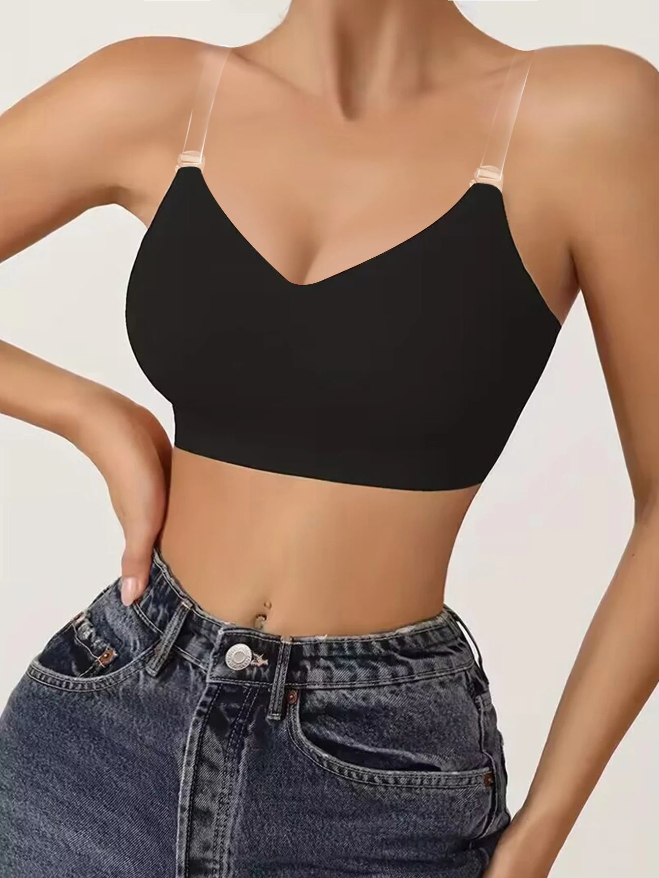 Unlined Backless Bra with Transparent Straps Women Wireless Seamless Everyday Brassiere U-shaped Back Lingerie Inner Wear
