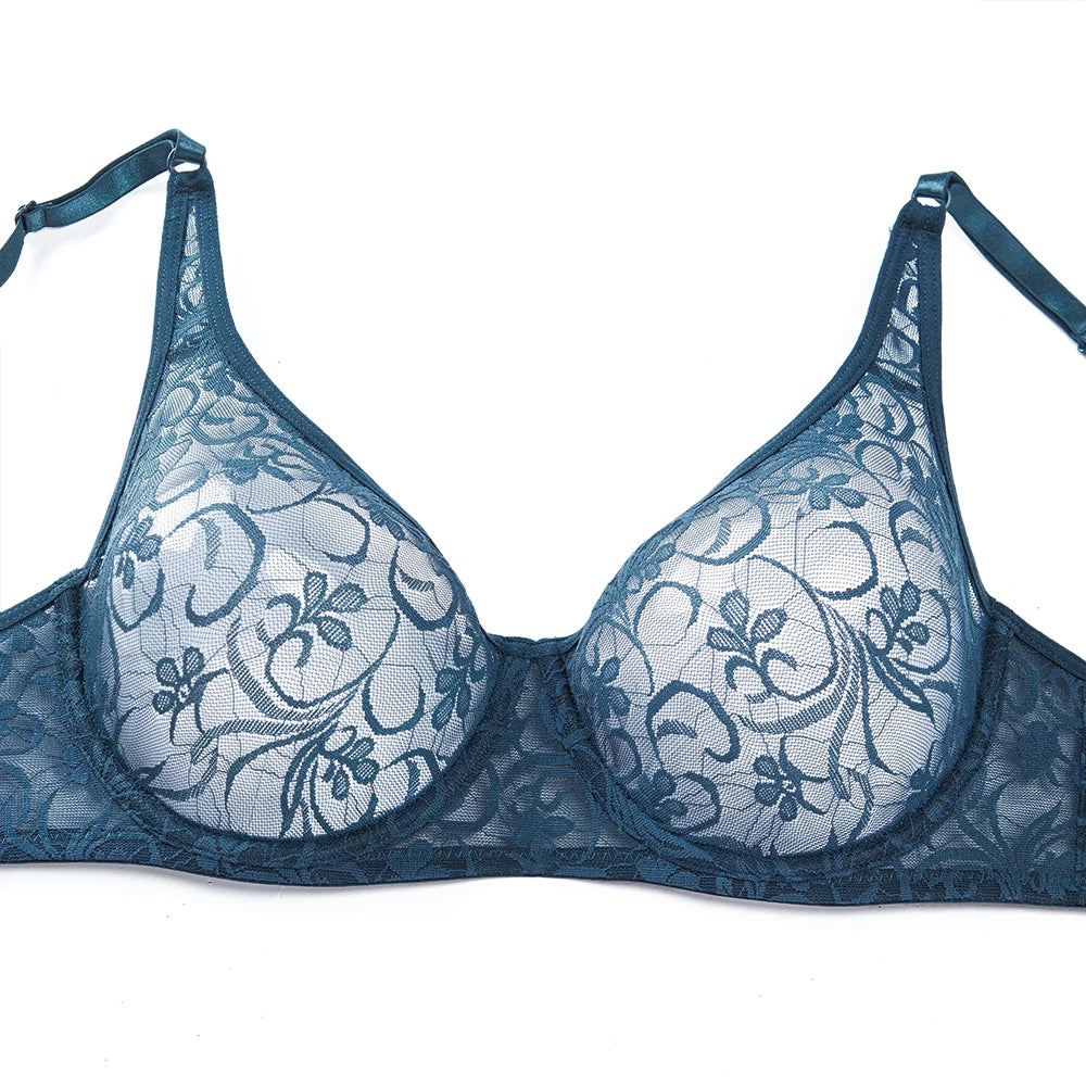 Sexy Women Embroidery Lace Sheer Bra Bralette Unpadded Lingerie Plus Size Plunge See Through Brassiere Bh 32-52 A B C D Cup