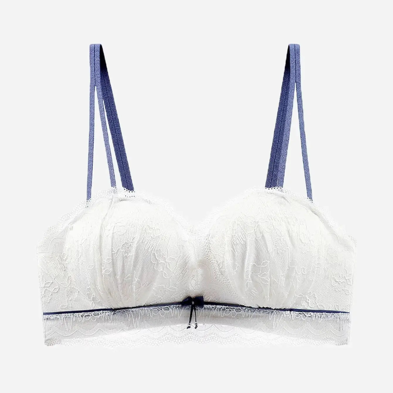 Raised side cinched lace shoulder strap with palm cup gathered back plastic bra