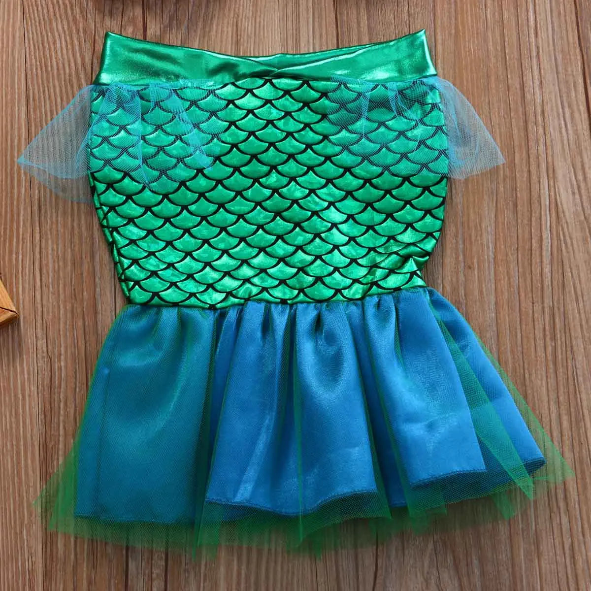 Baby Girls Two-piece Mermaid Swimsuit Hanging Neck Shell Pearl Halter Bikini Tops Tulle Patchwork Mermaid Tail 2Pcs Swimwear