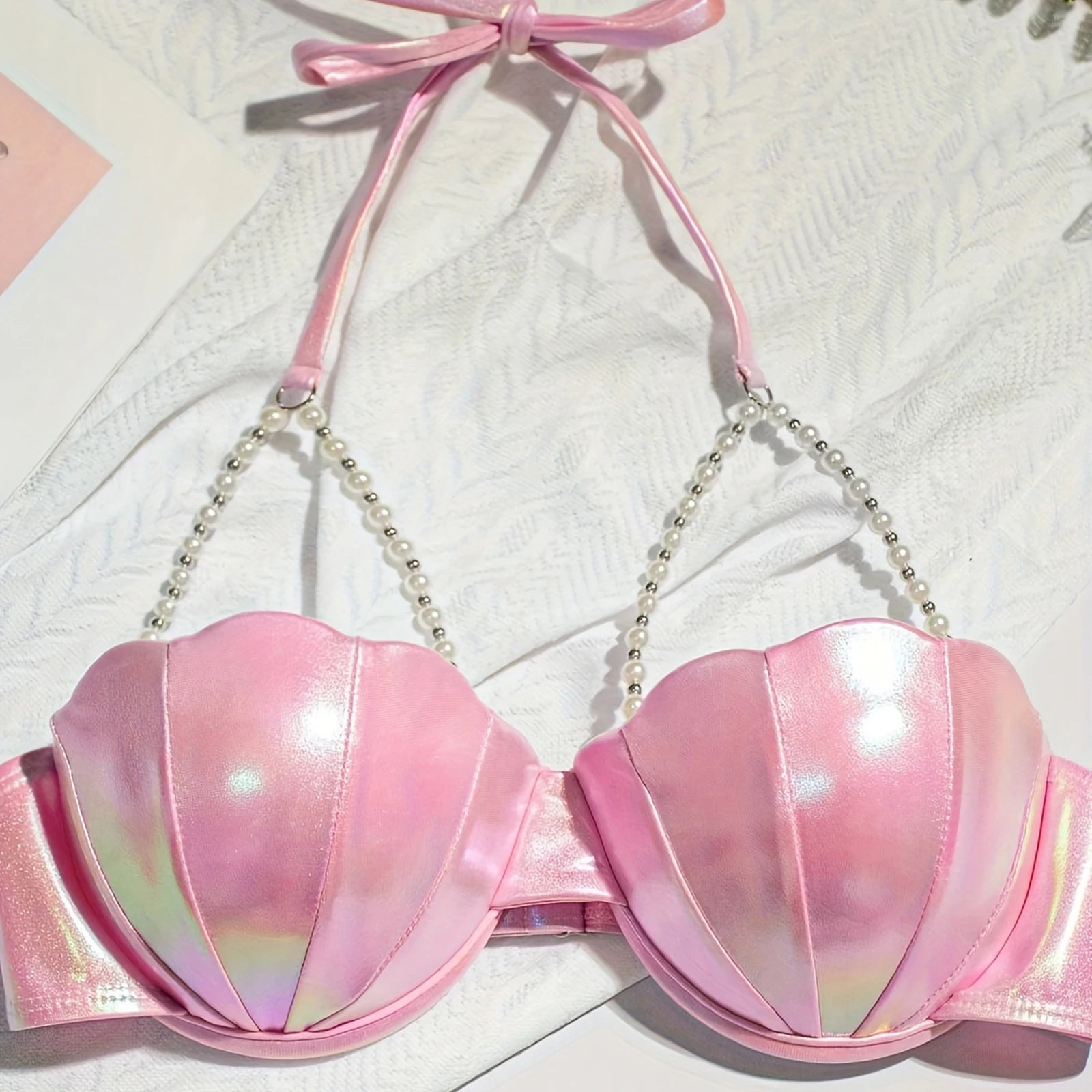 Women's Seashell Bikini Tops Sexy Halter Neck Spaghetti Straps Bathing Suit Bra with Pearl Chain
