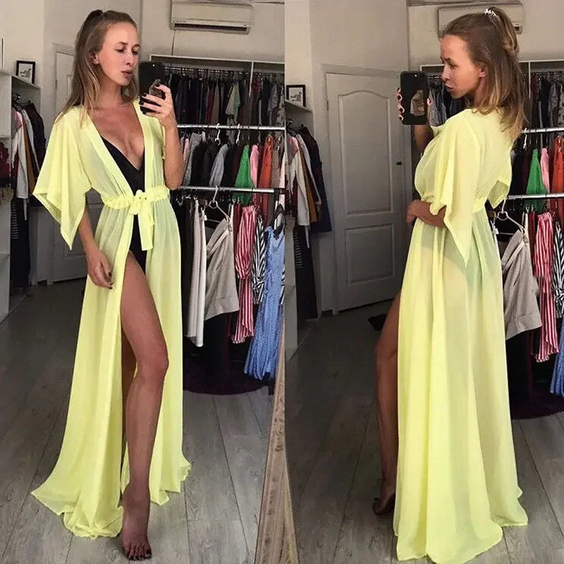 Women See Through Bikini Cover-ups Mesh Short Sleeve Cardigan Beach Dress Summer Sexy Swimwear Cover Ups