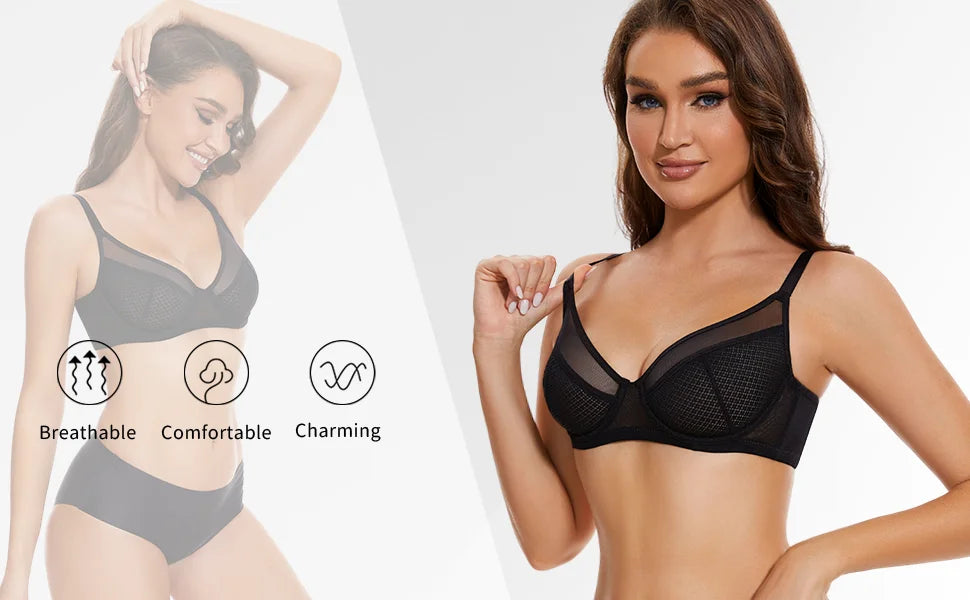 New Lace Bras Pure Seamless Unpadded Thin Mesh Transparent See Through Sexy Bras For Women Big Size Underwire