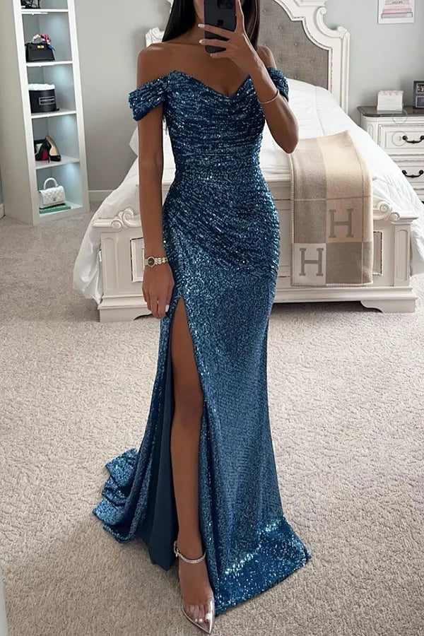 Sequin Long Dresses Women Sexy Off Shoulder Evening Dress Ladies Elegant Fashion Slash Neck Prom Female High Split Gown Vestidos