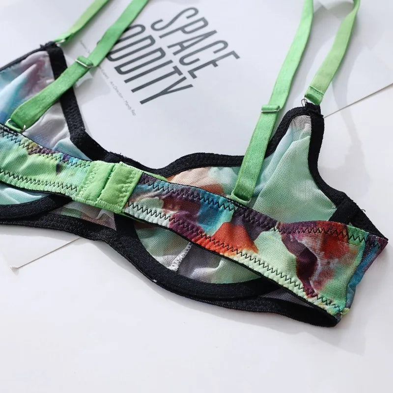 5 Pieces Lingerie Set Women Nightwear tie-dye Printed Halloween Underwear Bras Panties Golves Stocking Erotic Laungerie Set