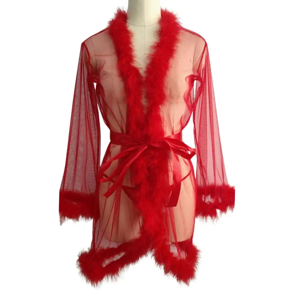 Female Sheer Shapewear Robes Fashoin Long Sleeve Plush Spliced Thin Lingerie Women Lace Up Erotic Midi Long Sexy Robes
