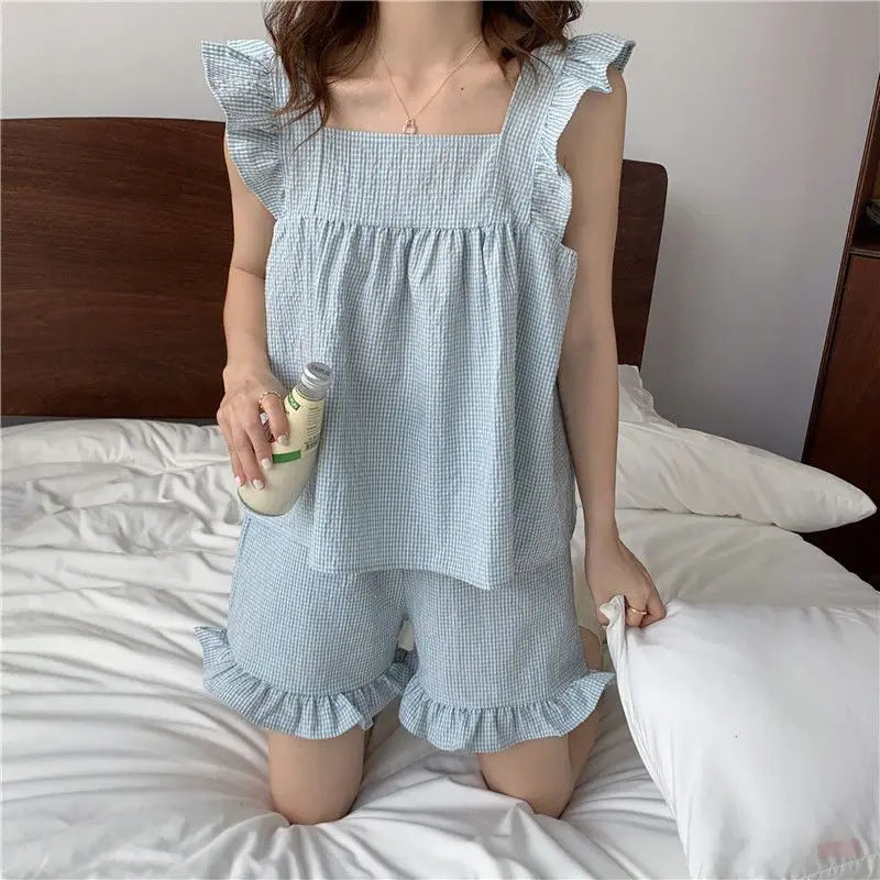 Pajama Sets Women Chic Square Collar Sweet Sleeveless All-match Home Plaid Cozy Sleepwear Korean Style Casual Summer Loose New