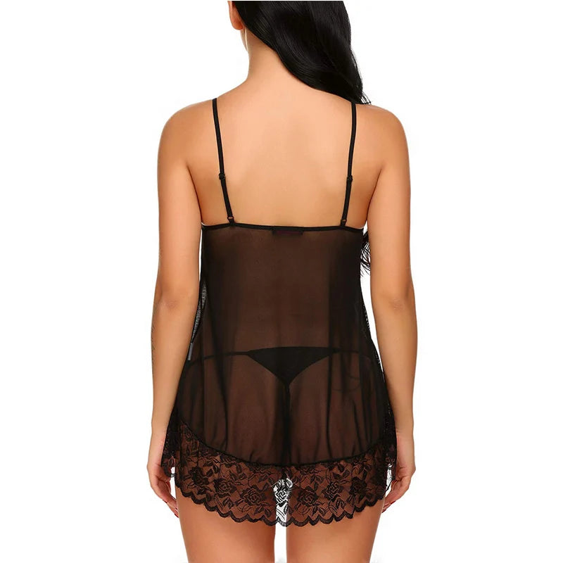 Sling Lingerie Set Women's Sexy Lace Mesh Patchwork Suspender Long Skirt T-back Nightdress Solid Color Deep V Nightwear Sets
