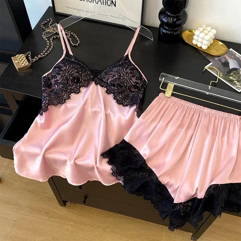 Sexy Intimate Lingerie Pajamas Set Hollow Out Lace Cami Shorts Pijamas Suit Spring Summer New Sleepwear Home Clothes Loungewear