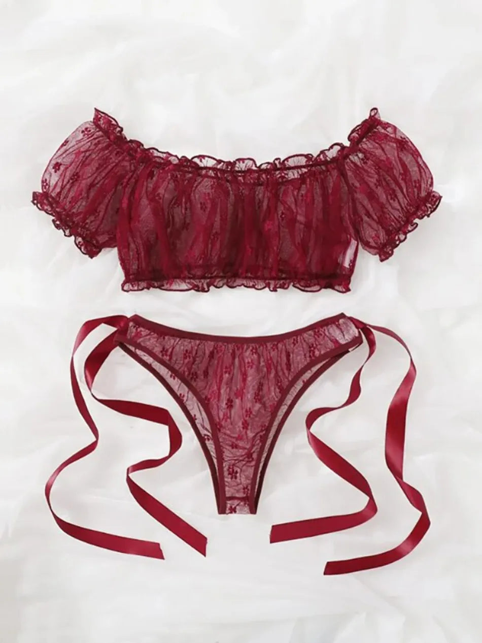 Sensual Lingerie Woman Sexy Bra Set See Through Exotic Sets Babydoll Lingerie Floral Off Shoulder Bralette Ruffle Sexy Underwear