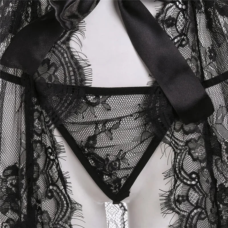 Women Sexy Lingerie Erotic Transparent V-Neck Nightwear Babydoll Robe G-string Costume Kimono Robe Lace Sleepwear Dress