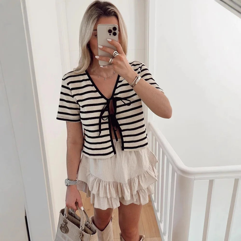 white black stripes short sleeve blouse for women turn-down collar V-neck cropped summer bikini tops hot girl boho beach tops