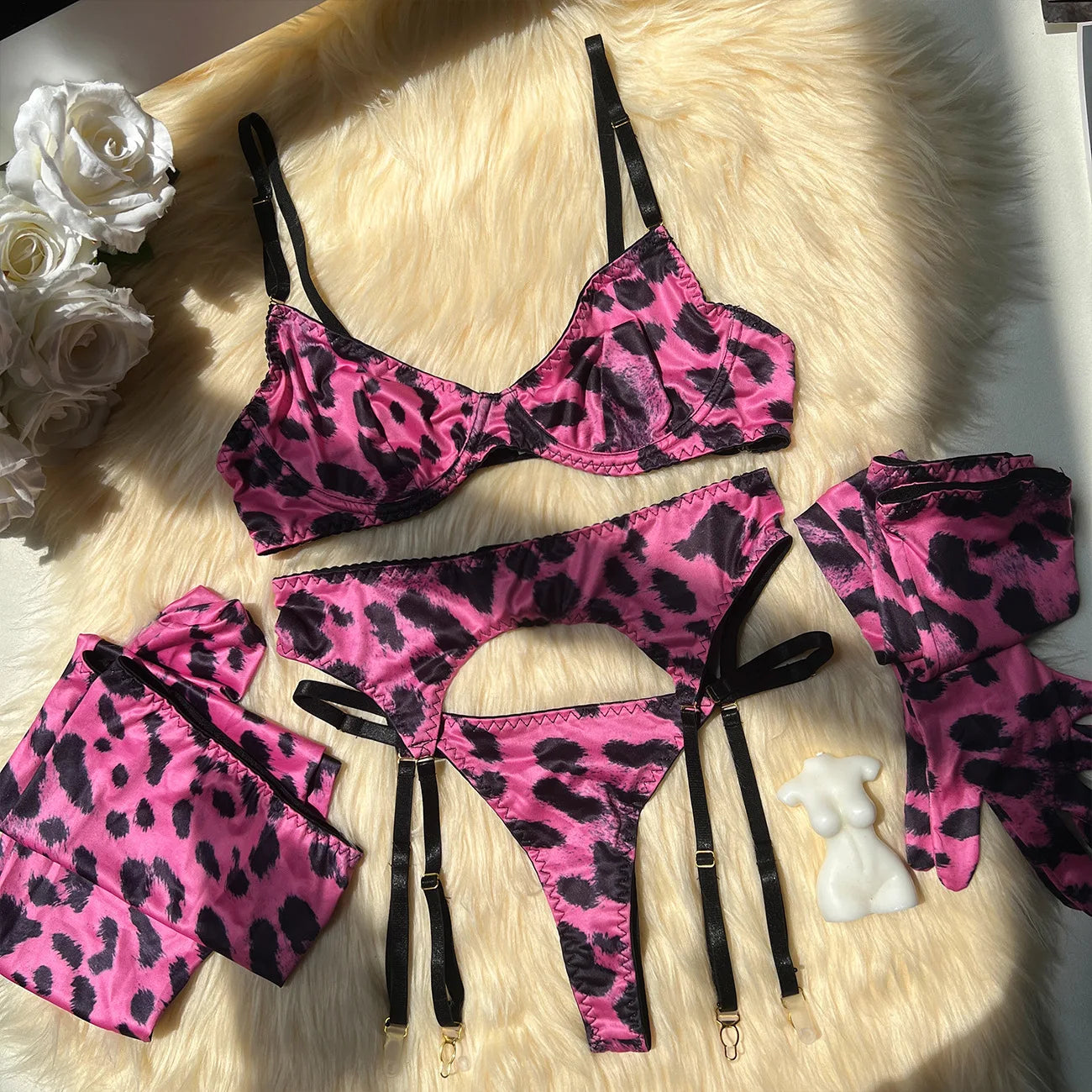 5Pcs Leopard Lingerie Set With Garter Belt Stockings Gloves Mesh Bra and Panty Set Strappy Underwear Erotic Costume For Women