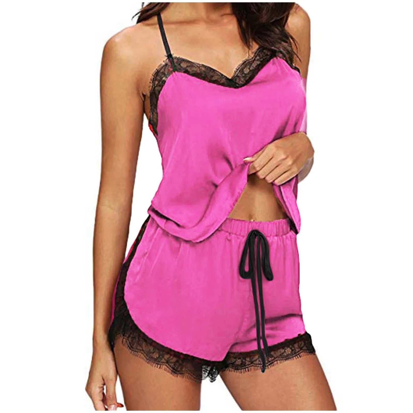 Sexy Lingerie Women Sleepwear Sleeveless Strap Nightwear Trim Satin Cami Top Pajama Sets Sexy-porn Body Lingerie Women