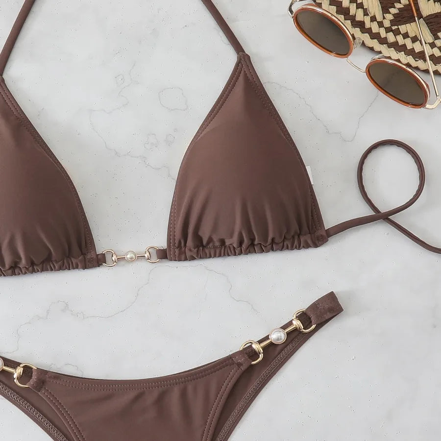 New Two-Piece Bikini Set Sexy Triangle Tie-Up Swimsuit Beach Vacation Swimwear Summer Trendy Top Bottom Beachwear Resort Outfit