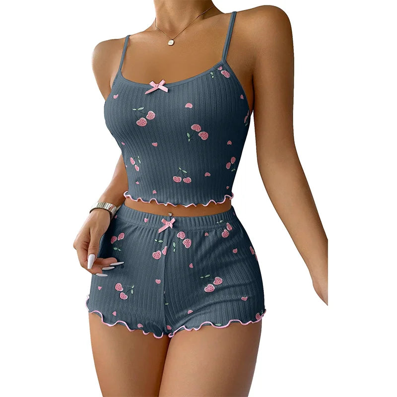 2-Piece Pajama Set for Women Cherry Print Bow Front Cami Top and Short Pajama Set Cute Soft Sleepwear