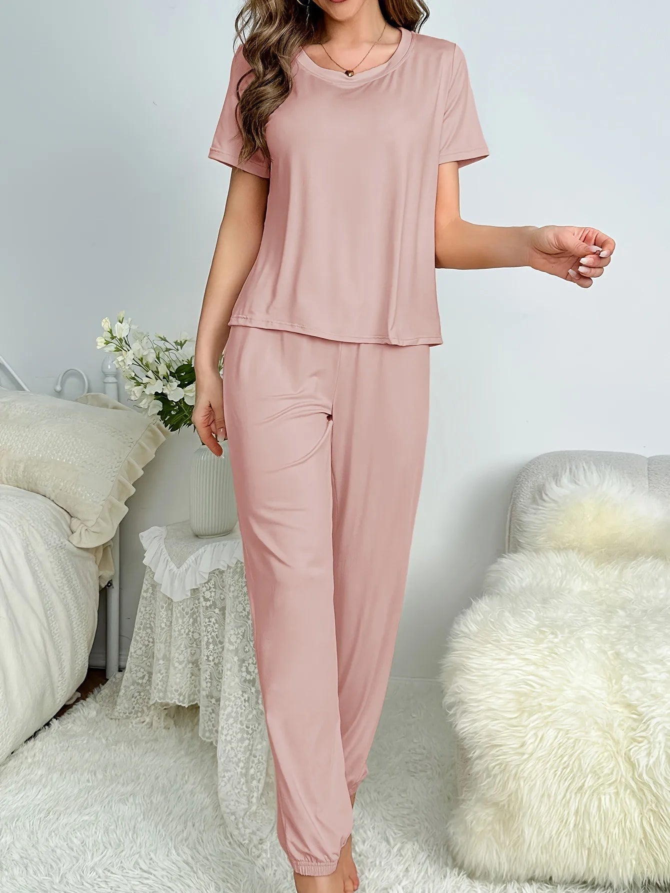 Women's Pajamas Set Solid Color Short Sleeve O Neck T-Shirt+Trousers 2 Pieces Suit Sleepwear Soft Loose Pijama Female Loungewear