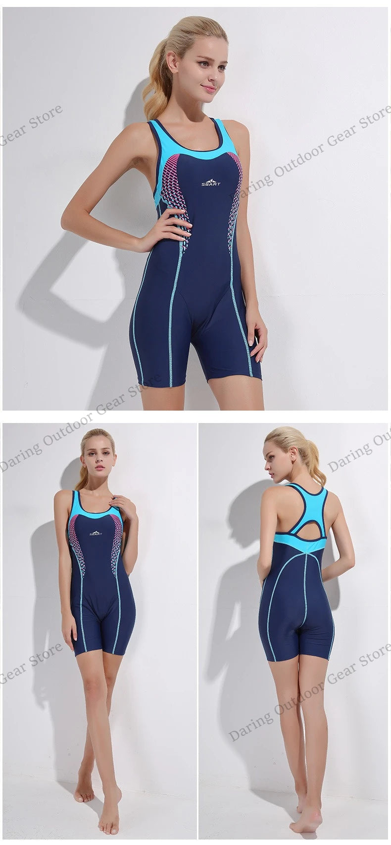 Women's One-Piece Racing Swimsuit, Athletic Quick-Dry Sleeveless Swimsuit with Shorts for Hot Spring & Diving