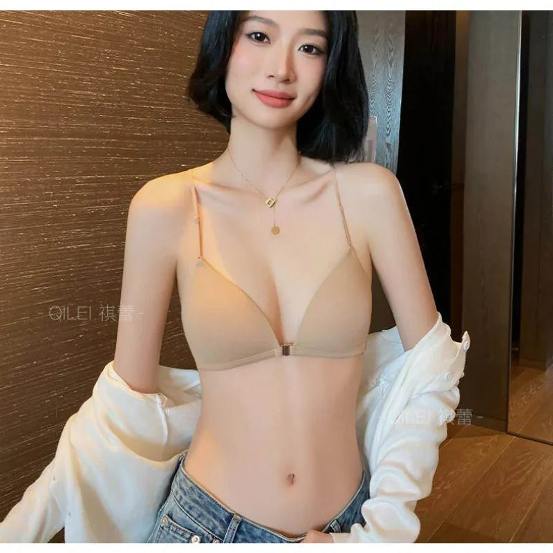 Front Closure Bras for Small Bust Women Deep V Plunge French Triangle Cup Seamless Thin Straps