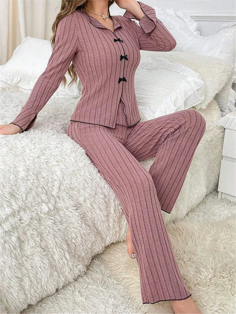 Ribbed Knit Pajama Sets Long Sleeve Lounge Set for Women  Button Top Full Length Pants 2 Piece Fall Casual Outfit Sets