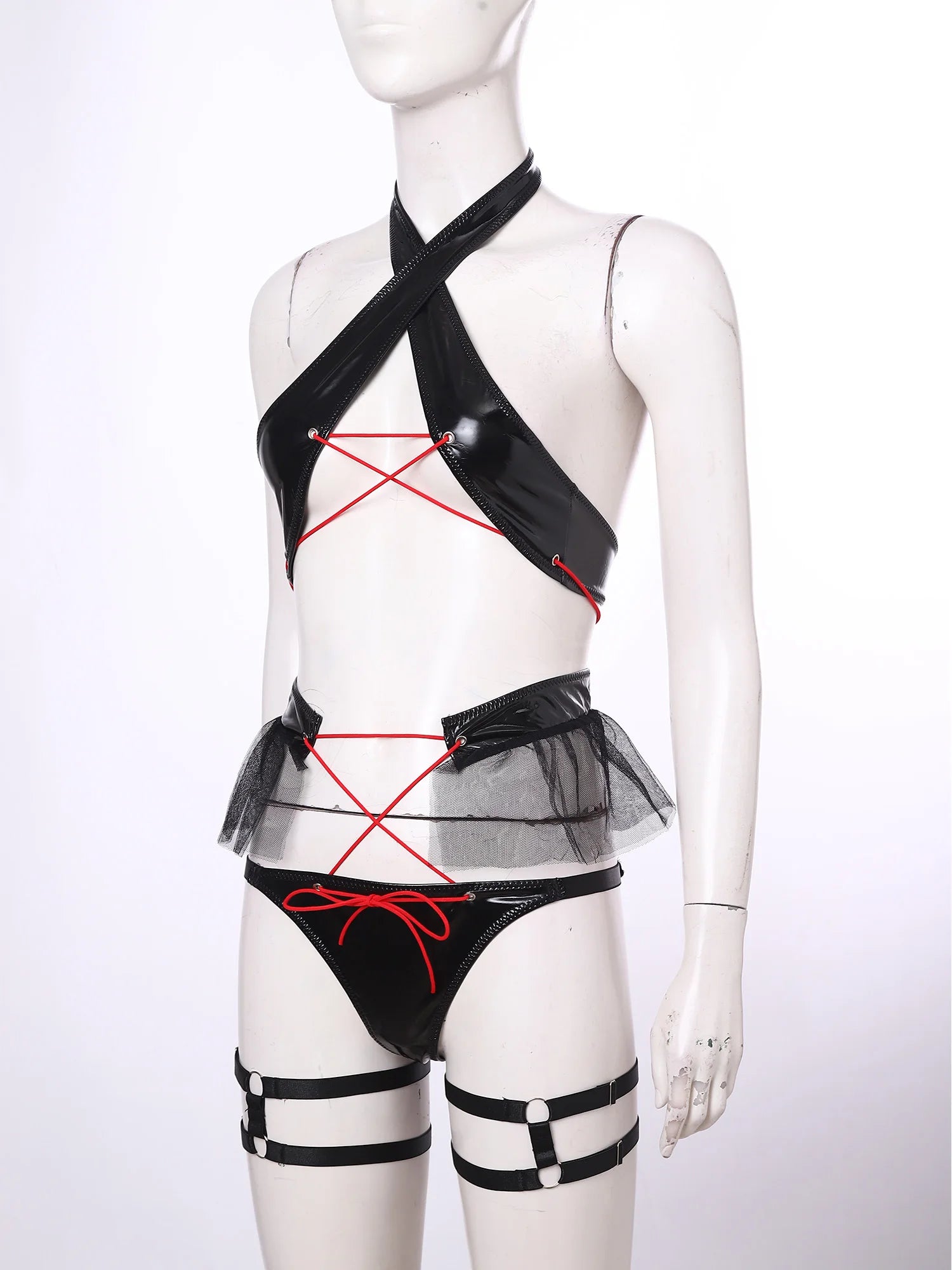 Womens Wet Look Lingerie Set Halter Backless Crop Top Mini Briefs with Ruffled Tulle Trim Miniskirt and Thigh Bands Nightwear