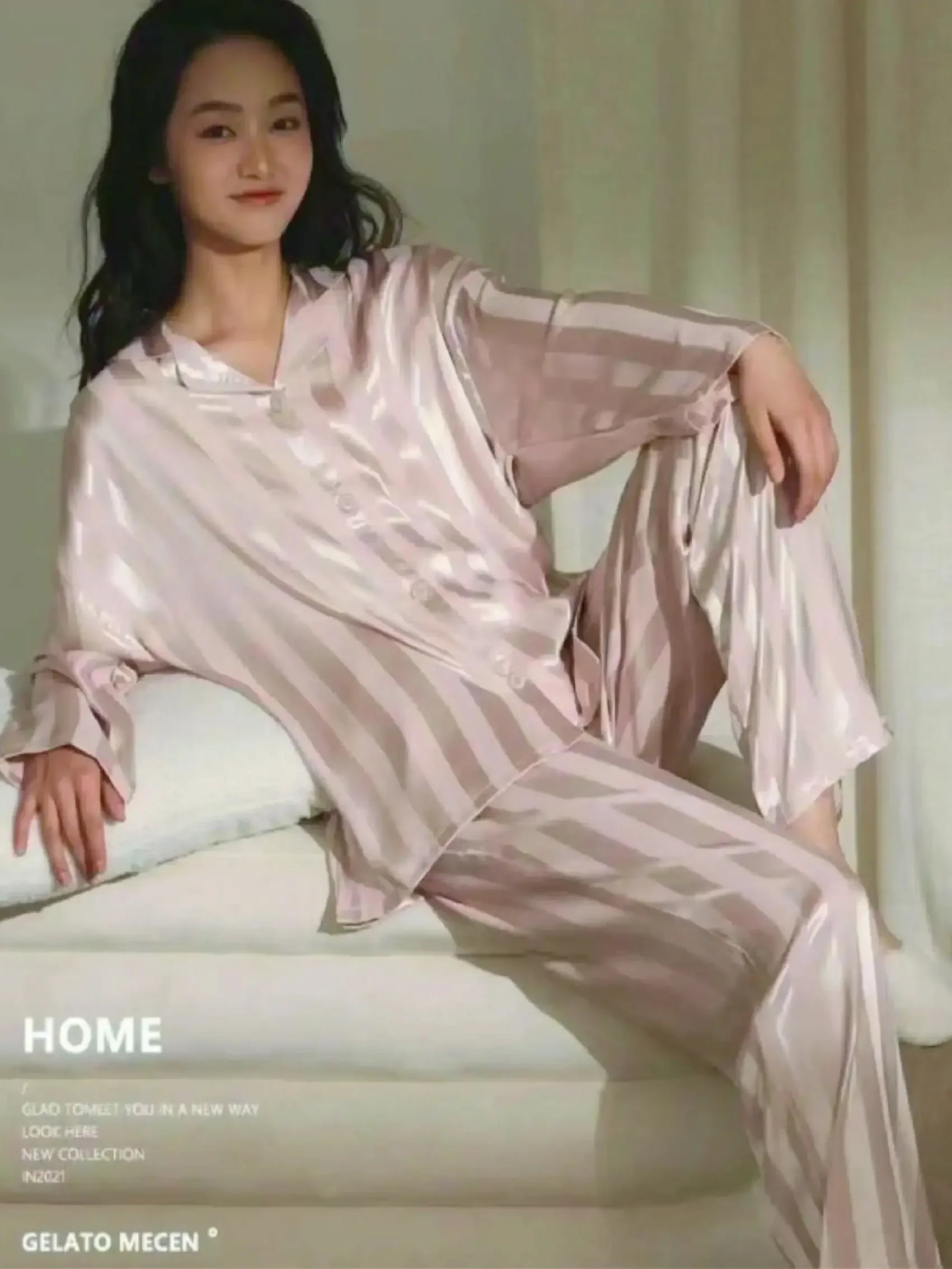 Women's striped pajama set, solid French silk satin pajamas, two piece set, comfortable home pajamas