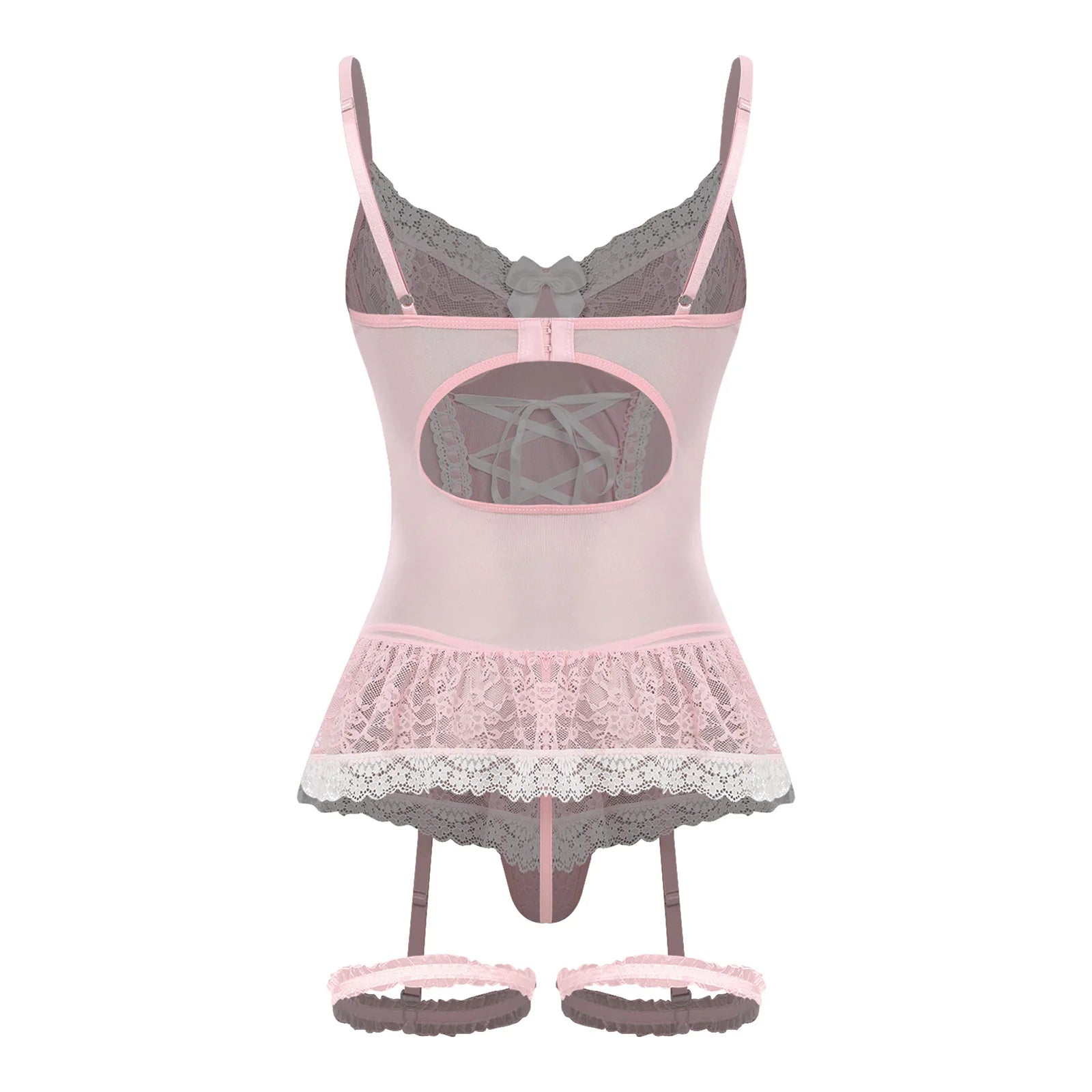 Womens Lingerie Bra And Panty Garter Set Floral Lace Bowknot Lace-up See-through Dress Top with G-string Garters And Thigh Loops