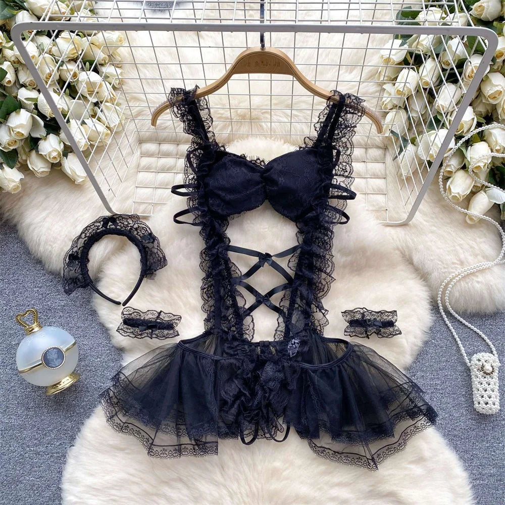 Backless Hotsweet Bow Lingerie For Women See Through Mesh Sexy Bunny Costume Lingerie Bodysuit 4 Piece Jumpsuit Spot Lace Cospla