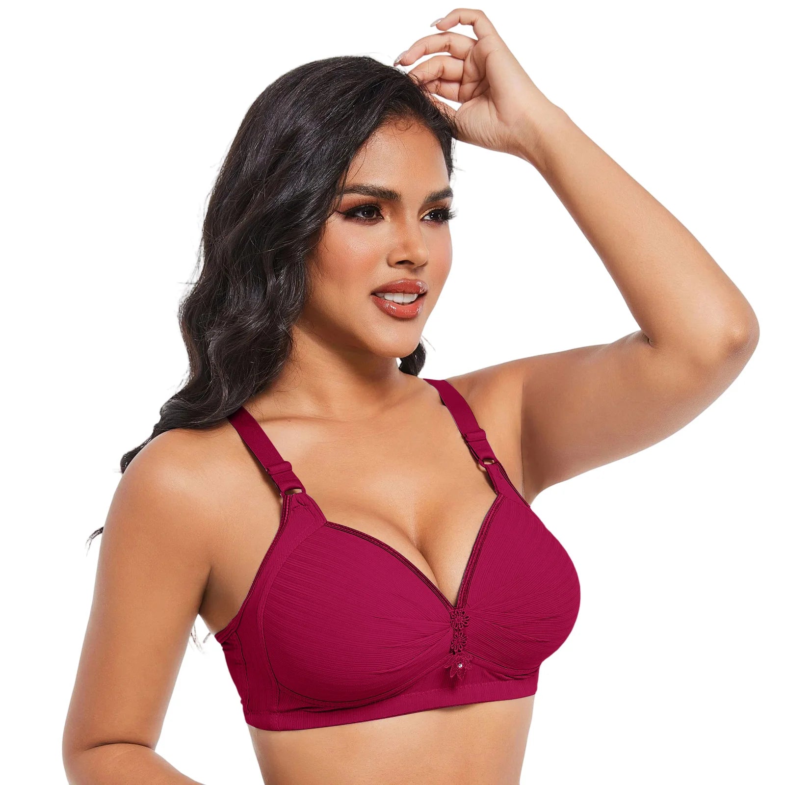 Elegant Skin Tone Textured Bra Chic Wireless Full Coverage Underwear Stylish Push Up Rhinestone Detail Lingerie Women
