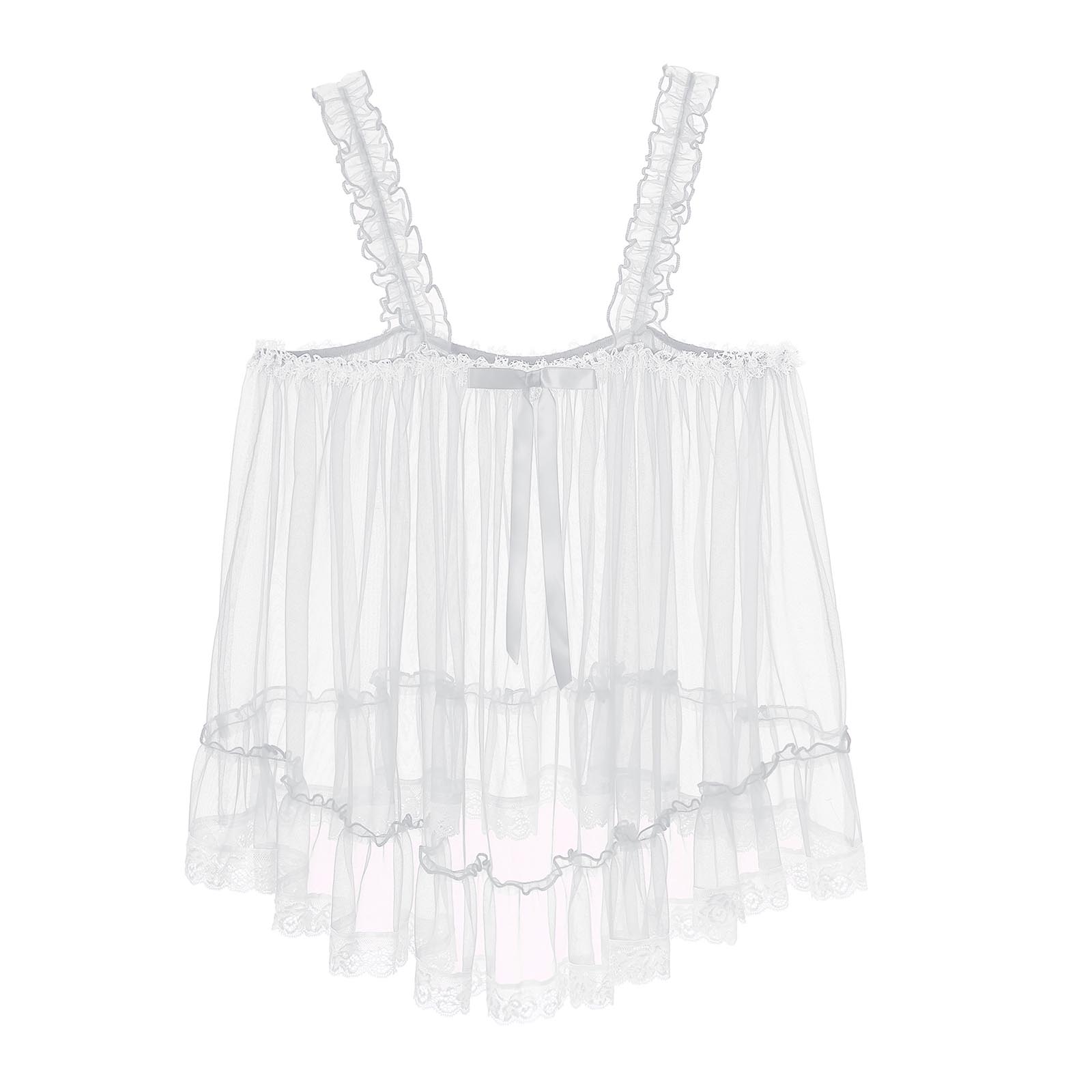 Womens Sexy See-Through Babydolls Sheer Mesh Top Ruffle Straps Bow Lace Trim Camisole Tops Lingerie Tempting Nightwear Clubwear