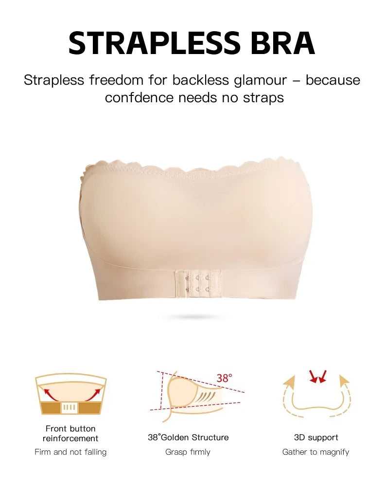 Women's Strapless Front Closure Bra Wireless Bandeau Non-slip Underwear Wavy Edge Chest Wraps Padded Push Up Tube Top Bralette